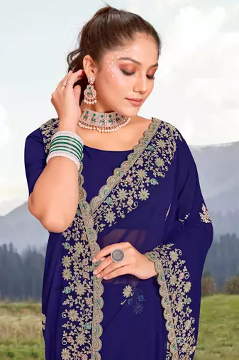 Women'S Navy Blue Glitter Coding embroidered Georgette Saree With Blouse Piece By Manu Fashion Era