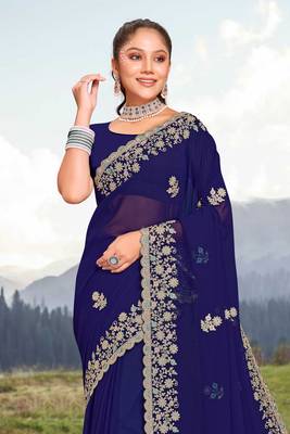 Women'S Navy Blue Glitter Coding embroidered Georgette Saree With Blouse Piece By Manu Fashion Era 3
