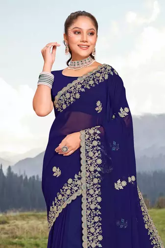 Women'S Navy Blue Glitter Coding embroidered Georgette Saree With Blouse Piece By Manu Fashion Era