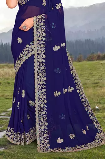 Women'S Navy Blue Glitter Coding embroidered Georgette Saree With Blouse Piece By Manu Fashion Era