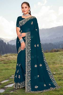 Women'S Teal Blue Glitter Coding embroidered Georgette Saree With Blouse Piece By Manu Fashion Era 1