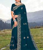 Women'S Teal Blue Glitter Coding embroidered Georgette Saree With Blouse Piece By Manu Fashion Era