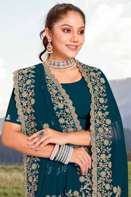 Women'S Teal Blue Glitter Coding embroidered Georgette Saree With Blouse Piece By Manu Fashion Era 2