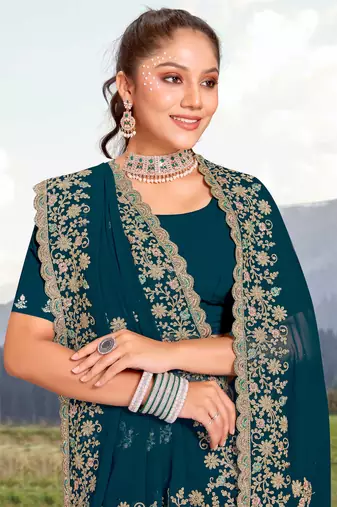 Women'S Teal Blue Glitter Coding embroidered Georgette Saree With Blouse Piece By Manu Fashion Era