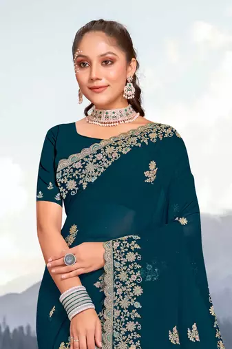 Women'S Teal Blue Glitter Coding embroidered Georgette Saree With Blouse Piece By Manu Fashion Era