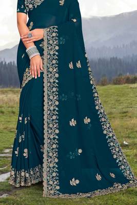Women'S Teal Blue Glitter Coding embroidered Georgette Saree With Blouse Piece By Manu Fashion Era 4