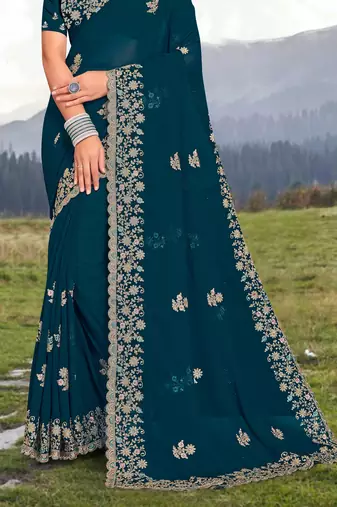 Women'S Teal Blue Glitter Coding embroidered Georgette Saree With Blouse Piece By Manu Fashion Era