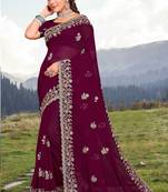 Women'S Wine Glitter Coding embroidered Georgette Saree With Blouse Piece By Manu Fashion Era