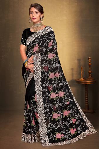 Women'S Black Chikankari Zari Resham Embroidered Georgette Saree With Blouse Piece By Manu Fashion Era