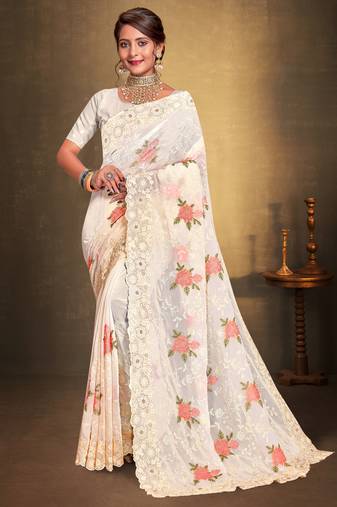 Women'S Off White Chikankari Zari Resham Embroidered Georgette Saree With Blouse Piece By Manu Fashion Era