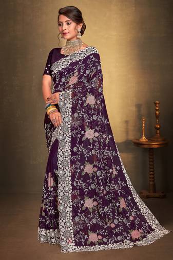 Women'S Purple Chikankari Zari Resham Embroidered Georgette Saree With Blouse Piece By Manu Fashion Era