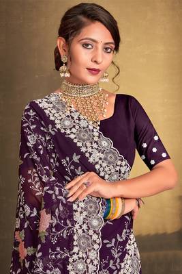 Women'S Purple Chikankari Zari Resham Embroidered Georgette Saree With Blouse Piece By Manu Fashion Era 2
