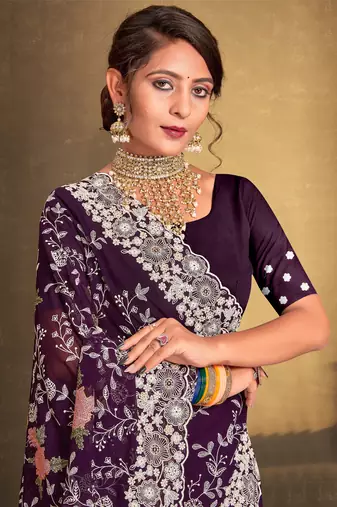 Women'S Purple Chikankari Zari Resham Embroidered Georgette Saree With Blouse Piece By Manu Fashion Era