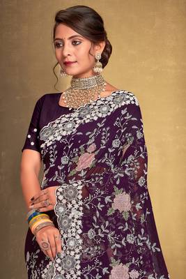 Women'S Purple Chikankari Zari Resham Embroidered Georgette Saree With Blouse Piece By Manu Fashion Era 3