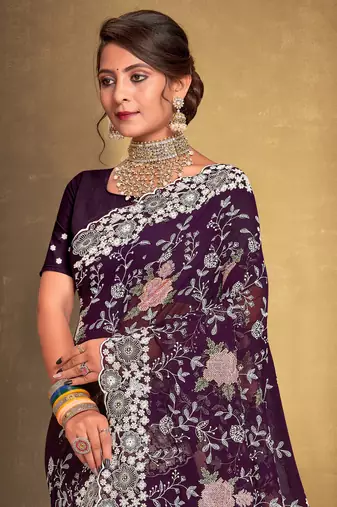 Women'S Purple Chikankari Zari Resham Embroidered Georgette Saree With Blouse Piece By Manu Fashion Era