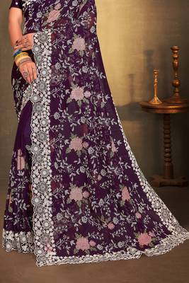 Women'S Purple Chikankari Zari Resham Embroidered Georgette Saree With Blouse Piece By Manu Fashion Era 4