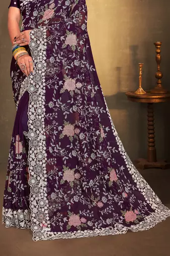 Women'S Purple Chikankari Zari Resham Embroidered Georgette Saree With Blouse Piece By Manu Fashion Era