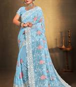 Women'S Sky Blue Chikankari Zari Resham Embroidered Georgette Saree With Blouse Piece By Manu Fashion Era