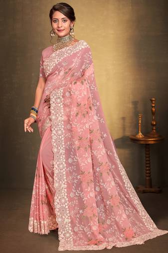 Women'S Peach Chikankari Zari Resham Embroidered Georgette Saree With Blouse Piece By Manu Fashion Era