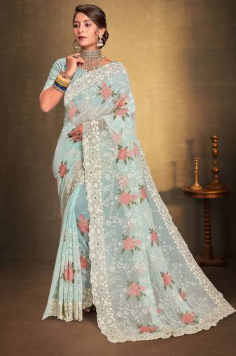 Women'S Sky Blue Chikankari Zari Resham Embroidered Georgette Saree With Blouse Piece By Manu Fashion Era