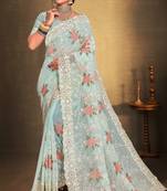 Women'S Sky Blue Chikankari Zari Resham Embroidered Georgette Saree With Blouse Piece By Manu Fashion Era