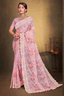 Women'S Pink Chikankari Zari Resham Embroidered Georgette Saree With Blouse Piece By Manu Fashion Era 1