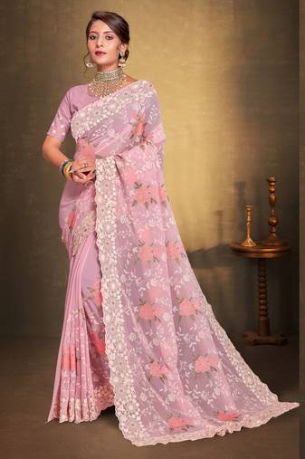 Women'S Pink Chikankari Zari Resham Embroidered Georgette Saree With Blouse Piece By Manu Fashion Era