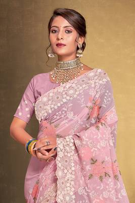 Women'S Pink Chikankari Zari Resham Embroidered Georgette Saree With Blouse Piece By Manu Fashion Era 3
