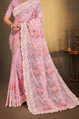 Women'S Pink Chikankari Zari Resham Embroidered Georgette Saree With Blouse Piece By Manu Fashion Era 4