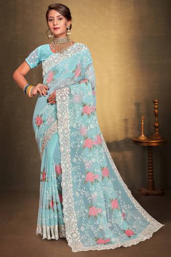 Women'S Sky Blue Chikankari Zari Resham Embroidered Georgette Saree With Blouse Piece By Manu Fashion Era