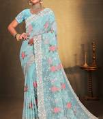 Women'S Sky Blue Chikankari Zari Resham Embroidered Georgette Saree With Blouse Piece By Manu Fashion Era