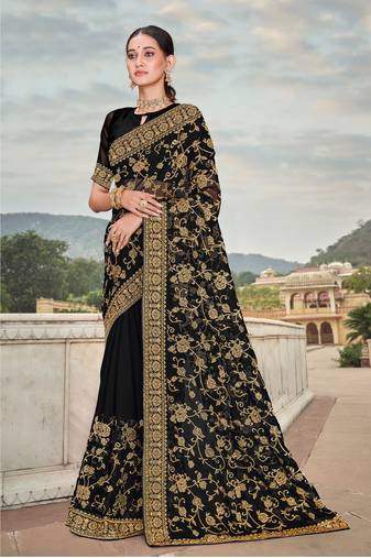 Black Zari Embroidered Stone Border Georgette Party Wear Saree With Blouse Piece