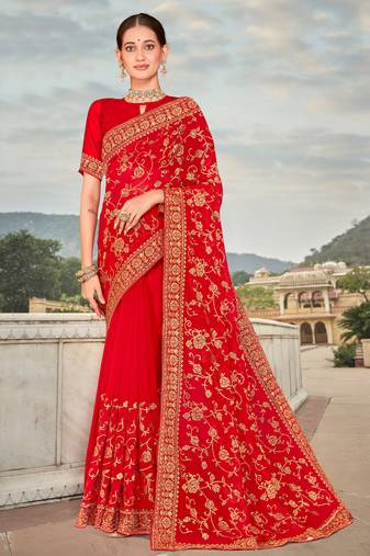 Red Zari Embroidered Stone Border Georgette Party Wear Saree With Blouse Piece