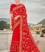 Red Zari Embroidered Stone Border Georgette Party Wear Saree With Blouse Piece