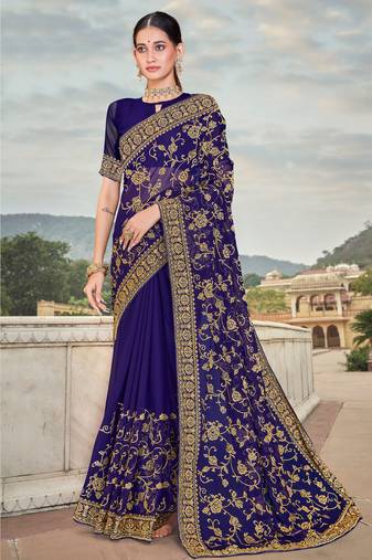 Navy Blue Zari Embroidered Stone Border Georgette Party Wear Saree With Blouse Piece