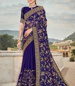 Navy Blue Zari Embroidered Stone Border Georgette Party Wear Saree With Blouse Piece