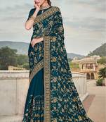 Teal Blue Zari Embroidered Stone Border Georgette Designer Party Wear Saree With Blouse Piece