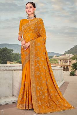 Mustard Zari Embroidered Stone Border Georgette Party Wear Saree With Blouse Piece 1