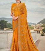 Mustard Zari Embroidered Stone Border Georgette Party Wear Saree With Blouse Piece