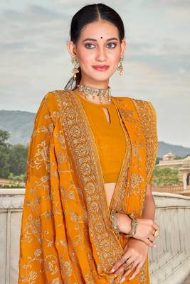 Mustard Zari Embroidered Stone Border Georgette Party Wear Saree With Blouse Piece 2
