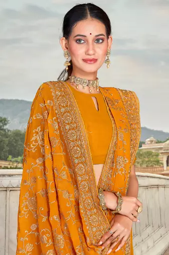 Mustard Zari Embroidered Stone Border Georgette Party Wear Saree With Blouse Piece