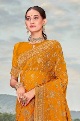 Mustard Zari Embroidered Stone Border Georgette Party Wear Saree With Blouse Piece 3