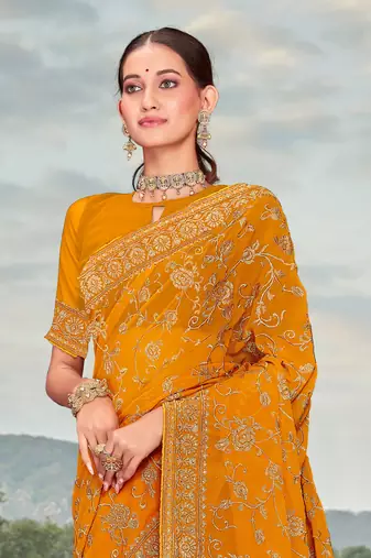 Mustard Zari Embroidered Stone Border Georgette Party Wear Saree With Blouse Piece
