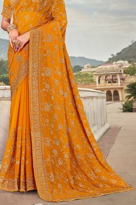 Mustard Zari Embroidered Stone Border Georgette Party Wear Saree With Blouse Piece 4