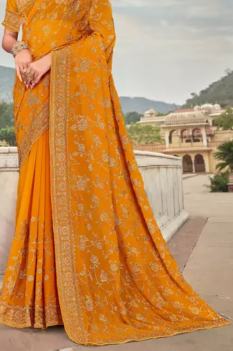 Mustard Zari Embroidered Stone Border Georgette Party Wear Saree With Blouse Piece