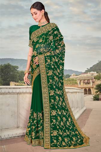 Bottle Green Zari Embroidered Stone Border Georgette Party Wear Saree With Blouse Piece