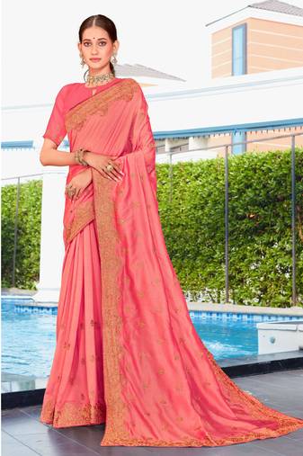 Pink Zari Embroidered Stone Border Georgette Party Wear Saree With Blouse Piece