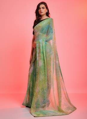 Green chiffon sequence work saree with unstitched blouse 1