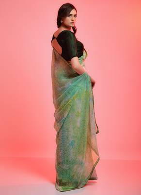 Green chiffon sequence work saree with unstitched blouse 2