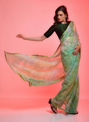Green chiffon sequence work saree with unstitched blouse 3